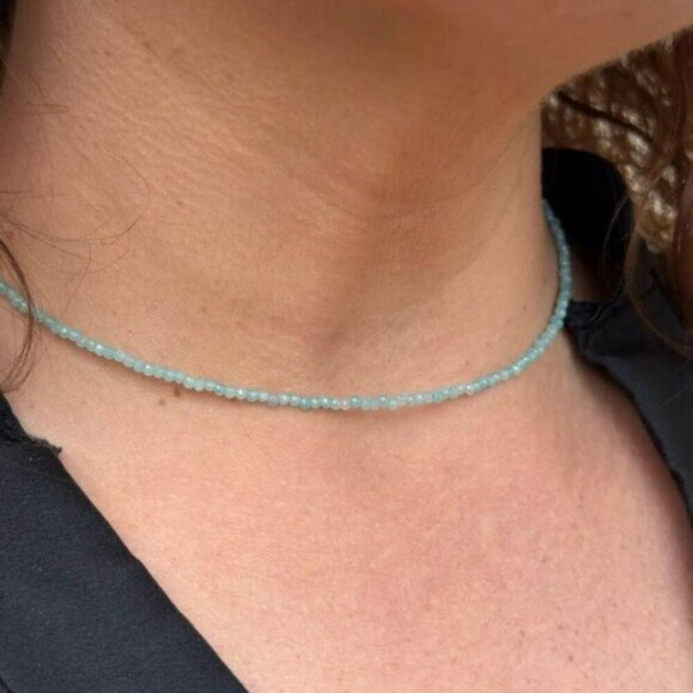 Tiny Amazonite Beaded Necklace Pretty Blue Green Gemstone Waterproof Layering